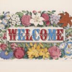 Red and blue WELCOME text surrounded by vintage flowers on a beige background
