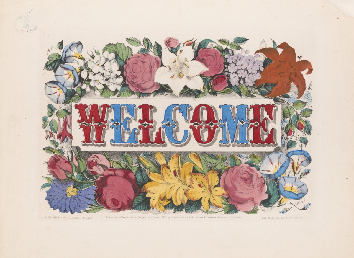 Red and blue WELCOME text surrounded by vintage flowers on a beige background