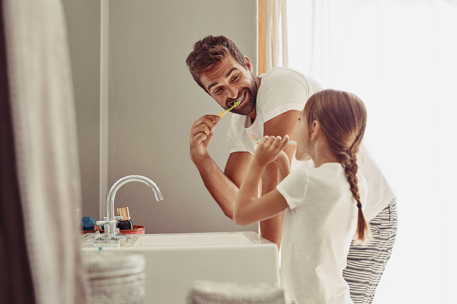 oral health routine, father brushing teeth with daughter, healthy smile, healthy teeth